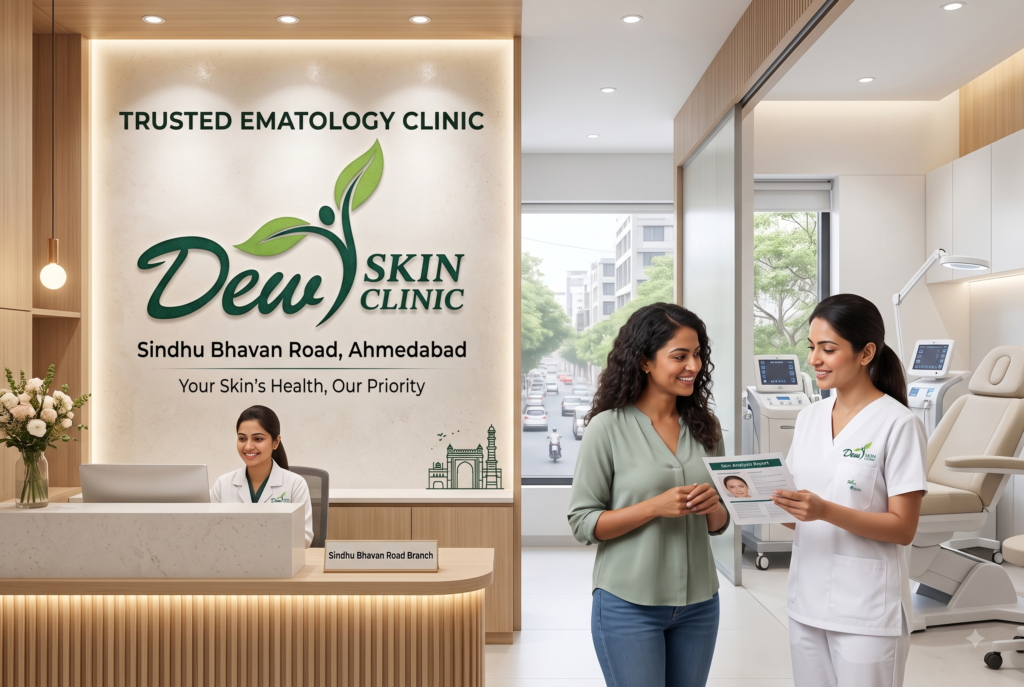 Trusted Dermatology Clinic Sindhu Bhavan Road, Ahmedabad If you live or work along Sindhu Bhavan Road, Bodakdev, or the Thaltej corridor and you're searching for a trusted dermatology clinic near Sindhu Bhavan Road, Ahmedabad, you already know the area isn't short on options. What it is short on is clarity — most listings tell you a clinic exists, not whether it's actually right for your skin or hair concern. Dew Skin Clinic sits close to this stretch of the city and works with patients from Sindhu Bhavan Road, Bodakdev, Thaltej, and the surrounding neighbourhoods on everything from acne and pigmentation to hair loss and anti-aging care. This page walks through what makes a dermatology clinic genuinely trustworthy, the treatments Dew Skin Clinic offers nearby, what a first visit looks like, and answers to the questions patients in this part of Ahmedabad ask most often. If you'd rather skip ahead, you can book an appointment directly. Why Sindhu Bhavan Road Residents Need a Trusted Local Dermatology Clinic Sindhu Bhavan Road is one of Ahmedabad's busiest residential-commercial corridors, connecting Bodakdev, Thaltej, and the Science City Road belt. People who live and work here deal with a specific mix of skin and hair stressors: long hours in traffic and dust, high sun exposure during Gujarat's summer months, hard water common across west Ahmedabad, and the general wear of a fast-paced urban routine. Over time, these factors show up as acne breakouts, dull or uneven skin tone, premature fine lines, and hair thinning — concerns that rarely improve with over-the-counter products alone. This is exactly where the word "trusted" starts to matter. Skin and hair are medical concerns, not just cosmetic ones, and treating them without a qualified dermatologist's guidance can mean wasted time, wasted money, or in some cases, a worsened condition. A trusted local clinic means a dermatologist who examines your skin or scalp directly, explains what's actually causing the problem, and builds a plan around your specific case rather than a one-size-fits-all package. It also means a clinic close enough that follow-up visits, which most dermatology treatments require, don't become a burden. Dew Skin Clinic's proximity to Sindhu Bhavan Road means patients can get that kind of ongoing, consultation-first care without a long commute across the city. You can see the full scope of what the clinic treats on the services page, and book a first visit whenever it suits you. About Dew Skin Clinic — Credentials and Approach Dew Skin Clinic is built around a simple principle: a dermatology visit should start with a real diagnosis, not a sales pitch. Every patient is examined by a qualified dermatologist before any treatment plan is proposed, and that plan is explained in plain language — what's causing the issue, what the realistic timeline looks like, and what the treatment actually involves. The clinic's approach leans on evidence-based dermatology rather than trend-driven add-ons. That means a patient walking in with acne gets an acne-specific plan, not an upsell into unrelated procedures. Hygiene and safety are treated as non-negotiable basics — sterilised equipment, single-use consumables where required, and a clean, professional treatment environment throughout. You can read more about the clinic's team, qualifications, and treatment philosophy on the About Us page, including background on the dermatologists who see patients from Sindhu Bhavan Road and the surrounding areas. Popular Dermatology Treatments Available Near Sindhu Bhavan Road Dew Skin Clinic treats a wide range of skin, hair, and anti-aging concerns. Below are the ones patients from Sindhu Bhavan Road and nearby areas ask about most. Acne and Acne Scars Acne is one of the most common reasons patients visit a dermatologist in this part of Ahmedabad, often triggered or worsened by heat, humidity, and pollution exposure along busy roads like Sindhu Bhavan Road. Left untreated, active acne can leave behind scarring that's far harder to reverse than the breakout itself. Dew Skin Clinic's approach starts by identifying the type and severity of acne before recommending a treatment path, which may include topical therapy, in-clinic procedures, or a combination depending on the case. Details on scar-specific treatment options are available on the acne scar treatment page. Pigmentation and Melasma Sun exposure and hard water are two of the biggest contributors to pigmentation and melasma in patients across west Ahmedabad. These conditions show up as dark patches, uneven tone, or persistent discoloration, and they typically need a structured, multi-step approach rather than a single quick fix. Dew Skin Clinic assesses the type of pigmentation before recommending treatment, since melasma and post-acne marks respond to different protocols. More detail is available on the pigmentation and melasma treatment page. Anti-Aging and Fine Lines Early signs of aging — fine lines, loss of skin firmness, dullness — are increasingly common concerns among younger patients too, often accelerated by sun exposure and stress. Dew Skin Clinic offers a range of anti-aging options aimed at improving skin texture and firmness without an artificial or overdone look. You can see the full range on the anti-aging treatment page. Hair Loss and Thinning Hair fall is another frequent concern among patients from the Sindhu Bhavan Road and Bodakdev area, with causes ranging from stress and nutritional gaps to hormonal factors and hard water. A dermatologist-led evaluation is important here because hair loss treatment differs significantly depending on the underlying cause — treating the wrong cause wastes months of effort. Dew Skin Clinic evaluates each case individually before recommending a plan; more information is on the hair loss and thinning treatment page. Skin Tightening and Rejuvenation For patients looking to improve overall skin firmness and texture without surgery, Dew Skin Clinic also offers non-invasive skin tightening and rejuvenation options, generally recommended after an in-person assessment to confirm suitability for the individual's skin type and concern. ConcernCommon Local TriggerTypical Treatment ApproachAcne & Acne ScarsHeat, pollution, hard waterTopical therapy, in-clinic proceduresPigmentation & MelasmaSun exposure, hard waterTargeted depigmentation protocolsFine Lines & Early AgingSun exposure, stressNon-invasive rejuvenation treatmentsHair ThinningStress, hormones, water qualityCause-specific hair loss treatmentUneven Skin TextureCumulative sun & pollution exposureSkin tightening & resurfacing options What Makes a Dermatology Clinic "Trustworthy"? "Trusted" gets used loosely in clinic marketing, so it helps to know what to actually look for before choosing where to go for a skin or hair concern near Sindhu Bhavan Road. A few things worth checking: A qualified MD Dermatologist sees you directly — not a technician or counsellor making treatment decisions on the doctor's behalf. The consultation comes before the sales pitch — you should be diagnosed first, then offered options, not offered a package before anyone has examined your skin. Pricing and process are explained clearly — no vague answers when you ask what a treatment involves or costs. Hygiene standards are visible — sterilised equipment, clean treatment rooms, and single-use consumables where applicable. Realistic expectations, not guaranteed results — dermatology outcomes vary by patient, and a trustworthy clinic will tell you that rather than promising a fixed result. Genuine patient feedback — look for detailed, specific reviews rather than generic five-star ratings with no context. No unnecessary upselling — you should leave with a plan for your actual concern, not a bundle of unrelated add-on treatments. You can read what existing patients say about their experience on the testimonials page. Dew Skin Clinic's Location and Areas We Serve Near Sindhu Bhavan Road Dew Skin Clinic is positioned to serve patients across the Sindhu Bhavan Road corridor and the neighbourhoods that surround it. Many patients travel in from nearby areas for consultations and follow-up visits, including: Thaltej Prahlad Nagar Satellite South Bopal Science City Road, Ognaj If you're coming from Bodakdev, the Sindhu Bhavan Main Road stretch, or any of the areas above, the clinic is easily reachable, and the team is used to coordinating appointment timing for patients making the trip from across this part of the city. What to Expect During Your First Visit Patients visiting Dew Skin Clinic for the first time typically go through a straightforward process: Booking — schedule a consultation online or by phone. Initial assessment — the dermatologist examines your skin, hair, or scalp and asks about your history and current routine. Diagnosis and discussion — you're told what's actually causing the concern, in plain terms, before any treatment is proposed. Personalised plan — treatment options are laid out along with realistic timelines, so there are no surprises. Follow-up — most dermatology treatments need review visits to track progress and adjust the plan if needed. There's no pressure to commit to anything during the first visit — it's designed to give you clarity on your concern first. You can book your consultation here. Frequently Asked Questions Which is the most trusted dermatology clinic near Sindhu Bhavan Road, Ahmedabad? Dew Skin Clinic is a dermatologist-led clinic serving patients across Sindhu Bhavan Road, Bodakdev, and Thaltej, with a consultation-first approach to diagnosing and treating skin, hair, and anti-aging concerns. What skin and hair treatments does Dew Skin Clinic offer near Sindhu Bhavan Road? The clinic treats acne and acne scars, pigmentation and melasma, anti-aging and fine lines, hair loss and thinning, and skin tightening and rejuvenation, among other dermatology concerns. The full list is on the services page. How do I book an appointment at Dew Skin Clinic? You can book directly through the appointment page or contact the clinic through the contact page. Is a dermatologist consultation necessary before starting acne or hair loss treatment? Yes. Acne and hair loss both have multiple possible causes, and the right treatment depends on identifying the specific cause in your case. Starting treatment without a proper diagnosis often means treating the wrong problem. Does Dew Skin Clinic treat patients from Bodakdev, Thaltej, and Prahlad Nagar as well? Yes. While this page is focused on Sindhu Bhavan Road, the clinic regularly sees patients from Bodakdev, Thaltej, Prahlad Nagar, Satellite, and other nearby areas. What should I bring to my first dermatology consultation? It helps to bring a list of any current skincare or hair products you're using, details of past treatments if any, and a general sense of how long you've had the concern. This gives the dermatologist a clearer picture from the start. Book Your Appointment at Dew Skin Clinic If you're near Sindhu Bhavan Road and looking for a dermatology clinic that leads with an actual diagnosis rather than a sales pitch, Dew Skin Clinic is a straightforward option to consider. Qualified dermatologist-led consultations, transparent treatment plans, and a location convenient to Sindhu Bhavan Road, Bodakdev, and Thaltej. Contact the clinic or book an appointment to get started.